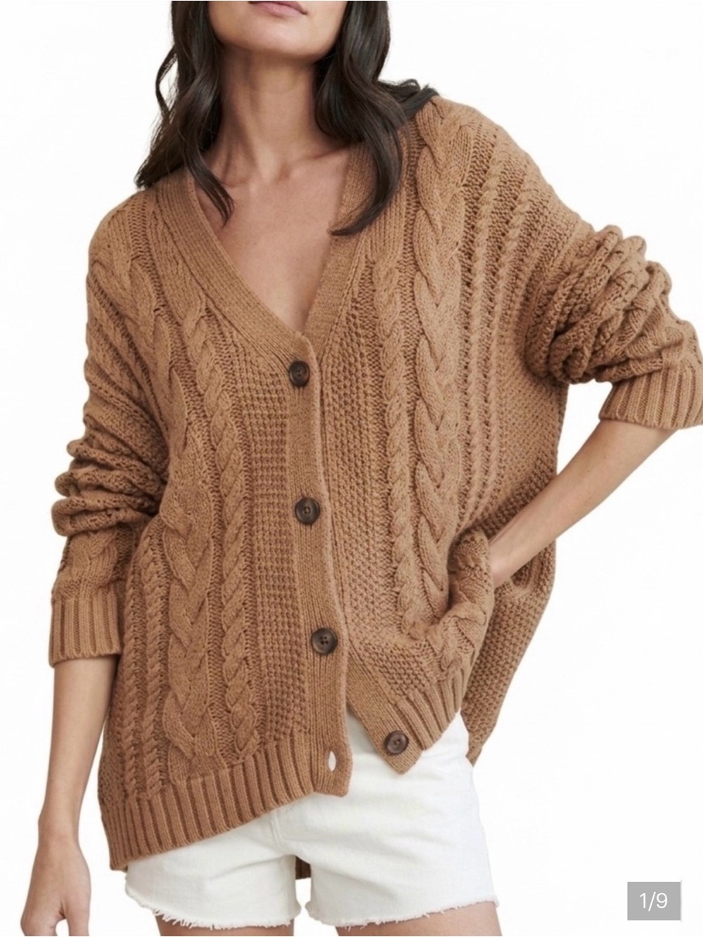 Jenni Kayne Cable Cocoon Cardigan Sweater Small 100% Cotton Camel Chunky Knit